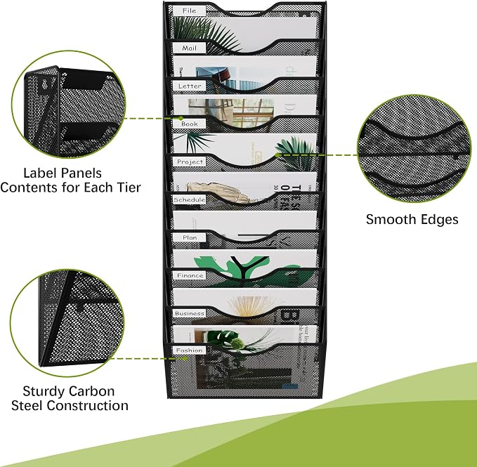EasyPAG 10 Pocket Mesh Wall File Organizer, Hanging Paper Folder Holder with Classify Label, Vertical Wall Mount Mail Organizer for Office Home Classroom, Black
