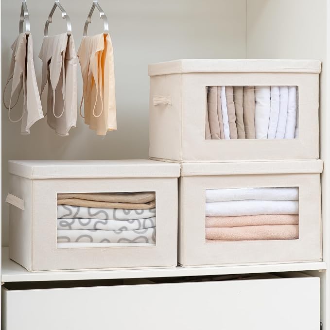 3-Pack Storage Bins with Lids & Clear Window, Foldable Fabric Closet Organizer Boxes, Stackable Cube Baskets with Soft Handles for Clothes & Blankets, 15", Beige