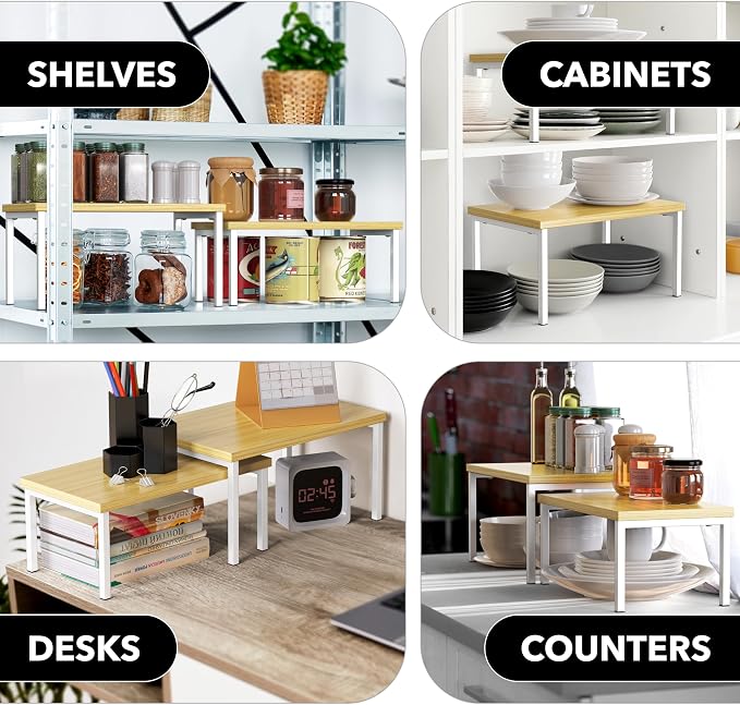Simple Houseware Stackable Cabinet Counter Shelf Wooden Surface, Oak | Expandable Organizer 7.6" D x 11.75" W x 6.1" H