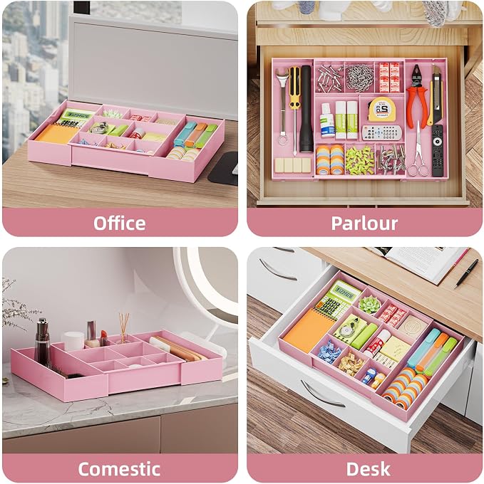 Marbrasse Expandable Desk Drawer Organizer, Clear Plastic Drawer Organizer Tray with 10 Adjustable Compartments, Desk Organizers and Accessories, 5 Drawer Dividers for Office Supplies, Makeup (Pink)