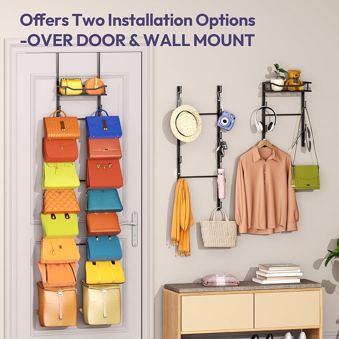 SWTYMIKI Over The Door Purse Organizer - Wall Mounted Purse Rack with 16 Hooks and Metal Basket, Handbag Hanger Organizer Holds up to 16 Bags, Bag Rack Can Use As 1/2 Part, for Door, Closet