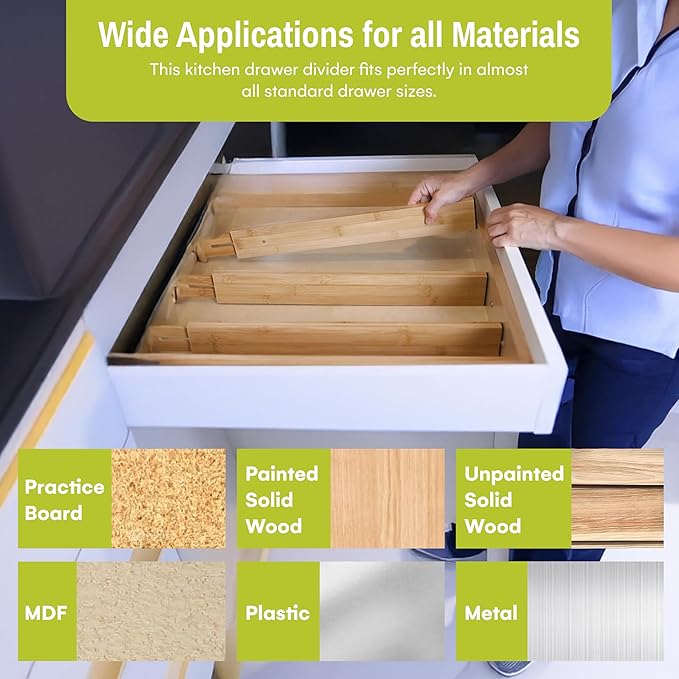 Bamboo Drawer Organizer Adjustable and Expandable - Ideal Drawer Dividers for Kitchen, Dresser, Bedroom and Bathroom - Expandable Drawer Organizer Set of 4 - Water-Resistant Finish