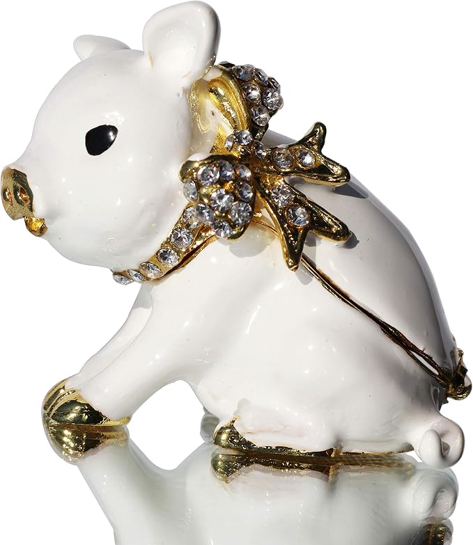 Waltz&F White Pig with Bowknot Handcrafted Pewter Trinket Box Ring Holder Decorative Figurine Collectible