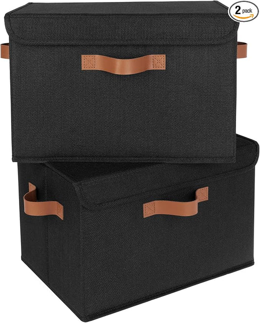 GRANNY SAYS Storage Bins with Lids, Decorative Storage Boxes with PU Handles, Black Storage Bin, Linen Closet Organizer, Shelf Baskets, Fabric Storage Bins for Clothes