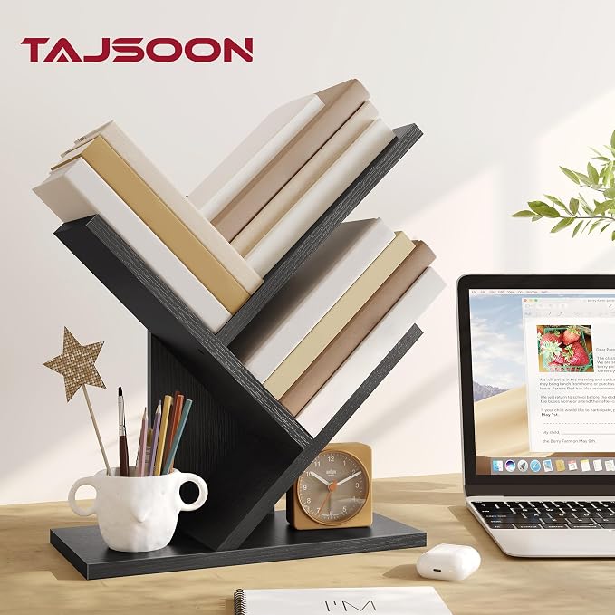Tajsoon Tree Bookshelf 3 Tier Book Shelves Storage Organizer, Desktop Bookshelf Floor Standing Bookcase Display for CDs/Magazine/Books, Small Bookshelf for Bedroom, Living Room&Office, Black