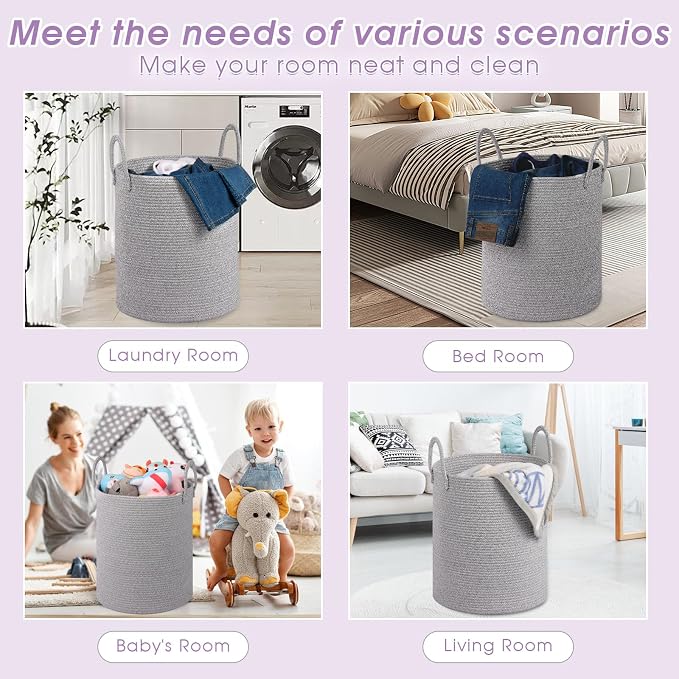 Large Laundry Basket,Laundry Hamper,15''x18'' Cotton Rope Storage Basket with Handles,Baby Hamper,Nursery Blanket Storage Living Room,Toy Basket,Kids Laundry Basket(Light Gray)
