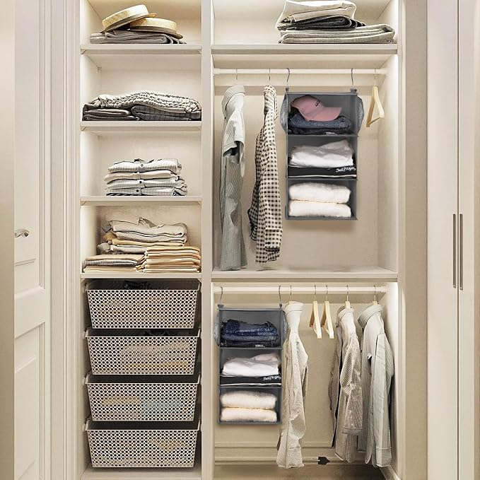 MAX Houser 3 Tier Shelf Hanging Closet Organizer, Space Saver,Closet Hanging Shelf with 2 Sturdy Hooks for Storage, Foldable (Grey)