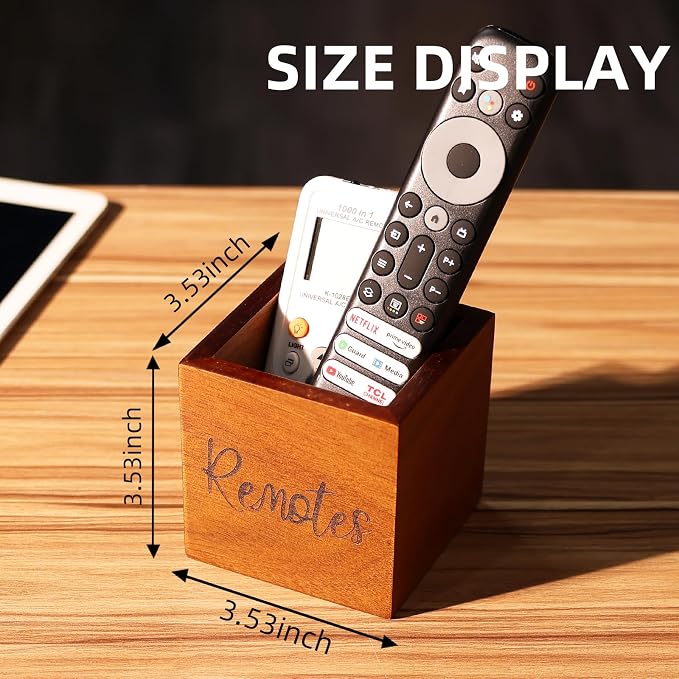 Remote Control Holder, Wooden TV Remote Holder for Table, Remote Organizer Caddy for Home Decor, Remote Box for Nightstand, Brown Labeled Remote, 1 Slot - 3.5 Inch