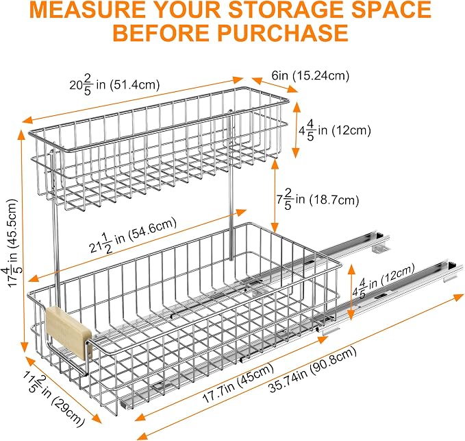 ROOMTEC Pull Out Cabinet Organizer, Under Sink Slide Out Storage Shelf with 2 Tier Sliding Wire Drawer, Sliding Storage for Inside Kitchen Cabinet- 11½ in. W x 21½ in. D (Left)