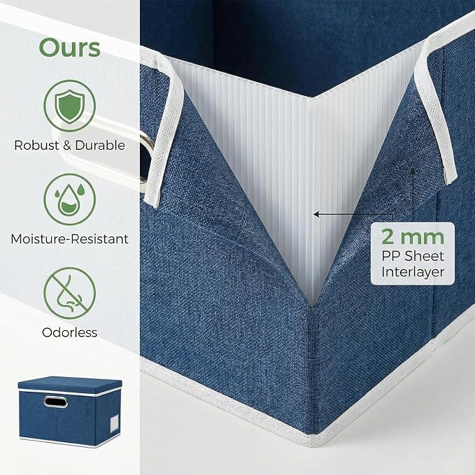 PRANDOM Storage Bins with Lids [3-Pack] Linen Fabric Foldable Storage Boxes Organizer Containers Baskets Cube with Cover for Bedroom Closet Office Royal Blue（11.4X8.6X6.7