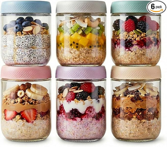 JBHO 6-pack 16 oz Overnight Oats Containers with Lids, Glass jars with Airtight Lids, Wide mouth Mason Salad jars, Glass Food Storage Containers for Snacks Yogurt Spice Sugar