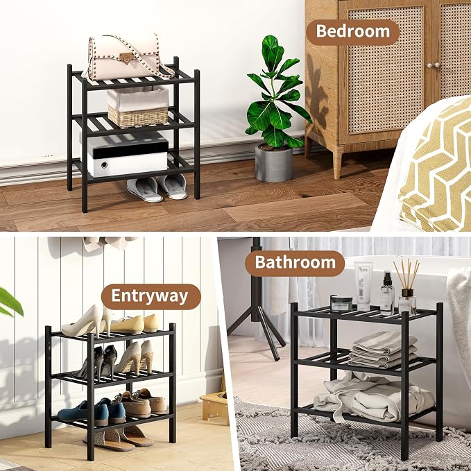 Bamboo Shoe Rack Stackable Shoe Shelf Storage Organizer for Unit Entryway Hallway and Closet Sturdy Freestanding Small Shoe Shelf(3S Tier Black)