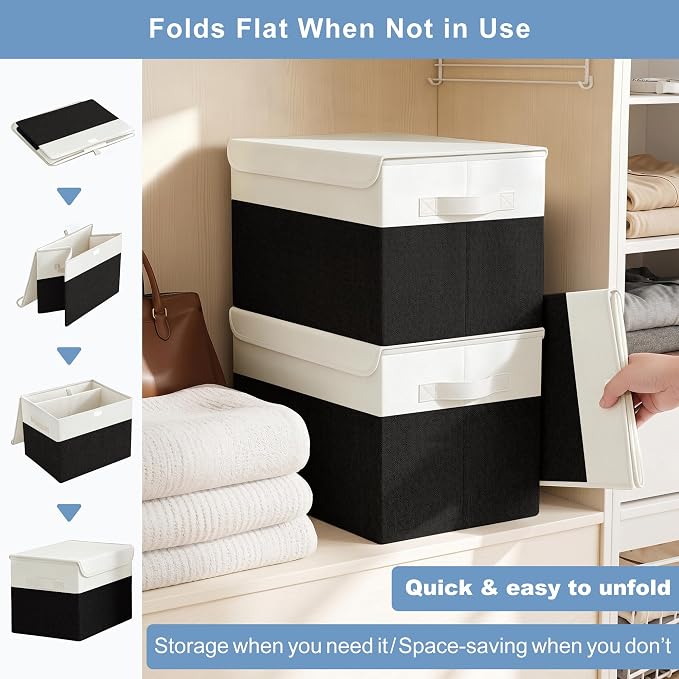 Bagnizer Large 22 Quart Linen Fabric Foldable Storage Bin Cube Organizer Basket with Flip-Top Lid & Handles, Clothes Blanket Box for Home, Office, Closet, Black & White, 4 Pack 14.6 x 9.5 x 9.5
