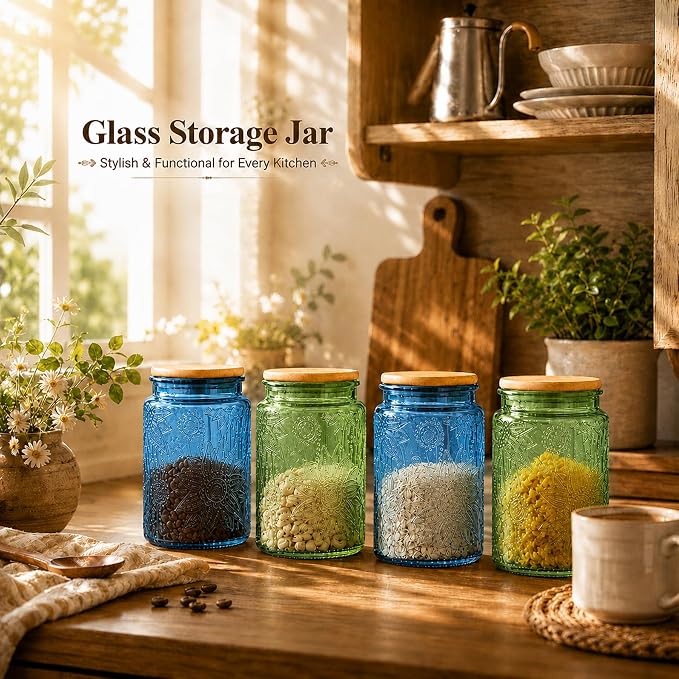 Custde Glass Storage Jars With Airtight Lid, 23.7oz Canister For Kitchen Counter with Bamboo Lid, brown sugar, candy, coffee, cookie, salt, tea,pantry cute Jar (Green, 23.7 fl oz)