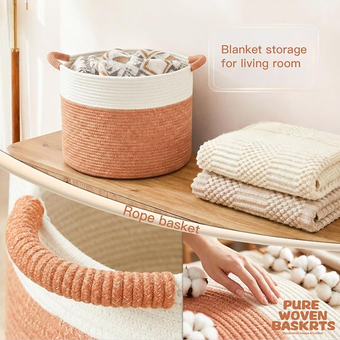 Artfeel 100L Large Cotton Rope Basket, Decorative Woven Blanket Storage for Living Room, Boho Toy Storage & Toy Box for Kids, Versatile Laundry Basket & Nursery Hamper for Blankets(Orange)