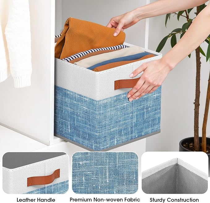 Fab totes Collapsible Storage Baskets for Shelves,14"x10", 4 Pack Foldable Fabric Storage Bins with Double Leather Handles, Large Baskets for Organizing Books, Clothes, White & Blue