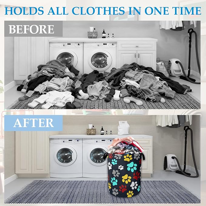 Colourful Paw Prints Laundry Basket Collapsible Laundry Hamper with Handle, Oxford Clothes Storage Bin for Bathroom Bedroom Room Decor 16" X 20.8"