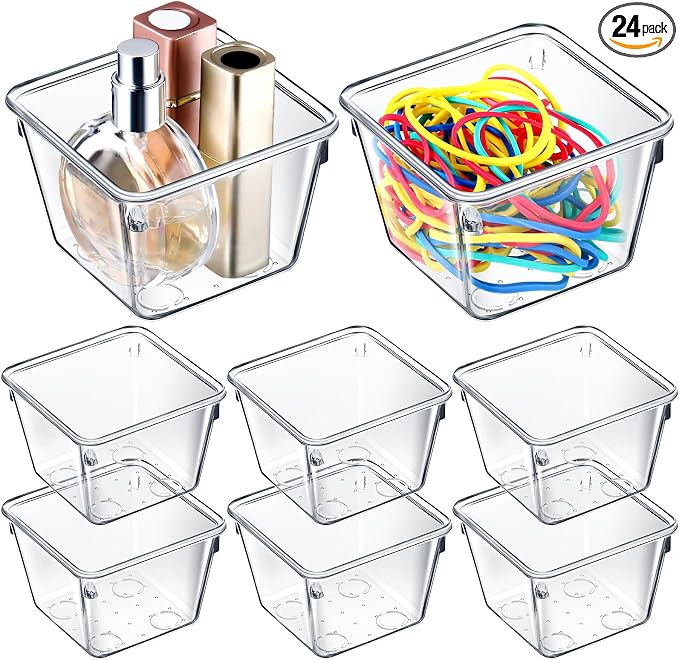 Tioncy 8 Pcs Stackable Clear Drawer Organizer Set 3" x 3" x 2" Small Makeup Vanity Storage Bins Office Desk Drawer Dividers Container Organization for Makeup Vanity Office Bathroom Kitchen Utensil