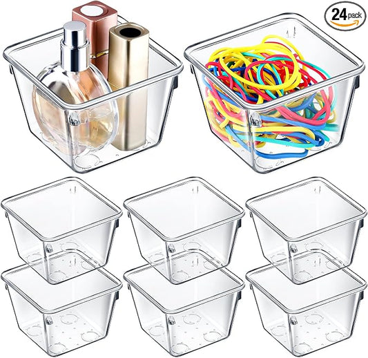 Tioncy 8 Pcs Stackable Clear Drawer Organizer Set 3" x 3" x 2" Small Makeup Vanity Storage Bins Office Desk Drawer Dividers Container Organization for Makeup Vanity Office Bathroom Kitchen Utensil