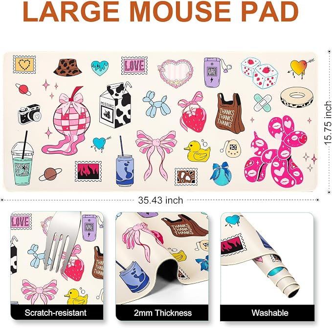 L-SPOUTTO Cute Desk Mat for Keyboard and Mouse,Girly XXL Large Mouse Pad | Non-Slip Keyboard Pad Waterproof Desktop Mat for Laptop Computer Work Game Home Office-Cartoon