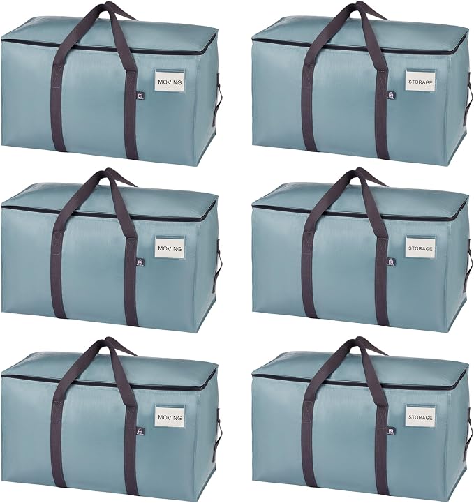 VENO 6 Pack Heavy Duty Moving Bags, 90L Extra Large Moving Boxes Alternative, 50lbs Load,Wraparound Handles,Zippers & Tag,Packing Supplies for College Dorm Essentials, Clothes Storage(Light Blue)