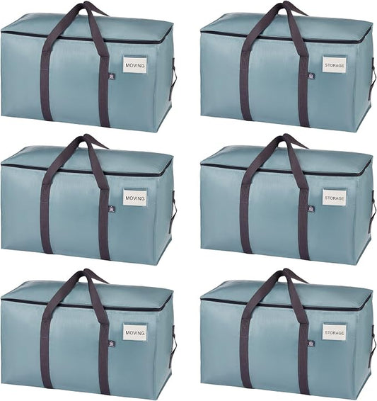 VENO 6 Pack Heavy Duty Moving Bags, 90L Extra Large Moving Boxes Alternative, 50lbs Load,Wraparound Handles,Zippers & Tag,Packing Supplies for College Dorm Essentials, Clothes Storage(Light Blue)