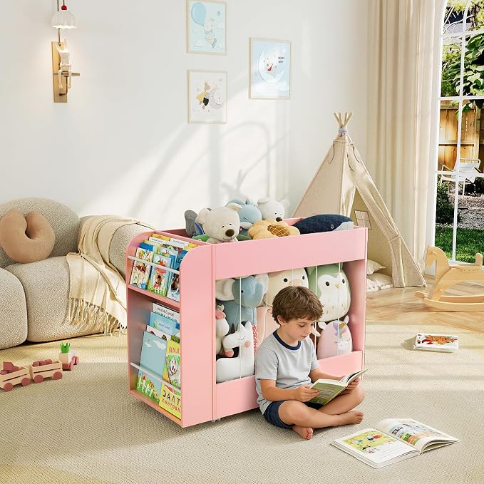 Kids Toy Storage Organizer with Drawing Chalkboard, Toy Storage Box with Stuffed Animal Storage and 2-Tier Kids Bookshelf, Toy Organizer Chest with 360° Wheels for Playroom, Nursery, Bedroom, Pink