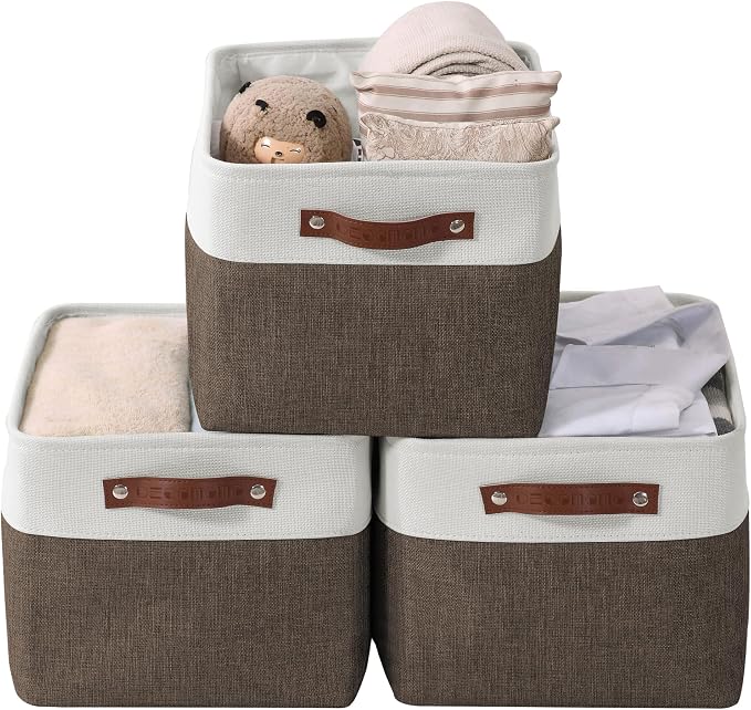 DECOMOMO Storage Bins, Large Fabric Storage Baskets for Shelves, Decorative Linen Closet Organizer, 15 x 11 x 9.5 inches (Brown & White, 3 Pack)
