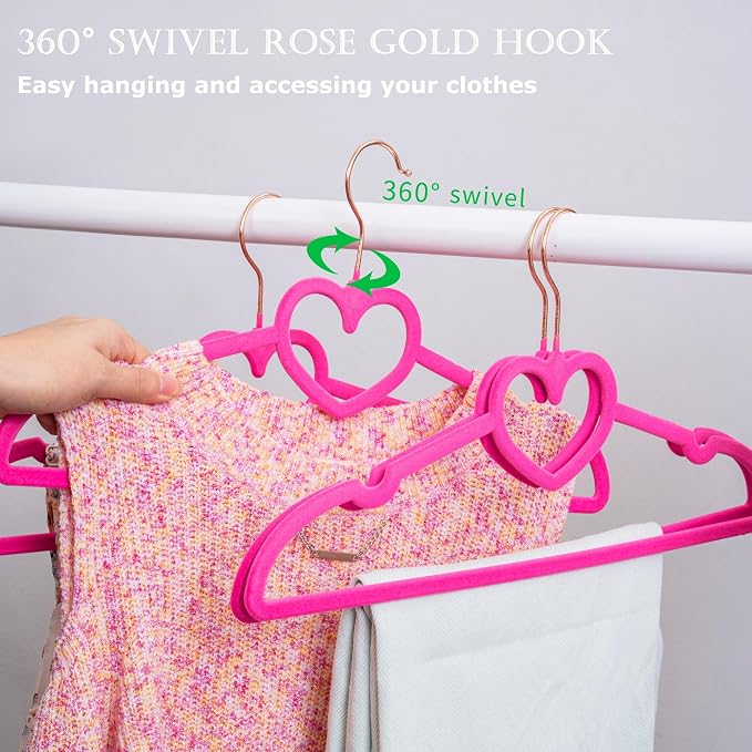 Velvet Hangers 50 Pack,16 Inch Non Slip Adult Heart Hanger(Hot Pink) | 360° Swivel Hooks, Cascade Design, Space Saving