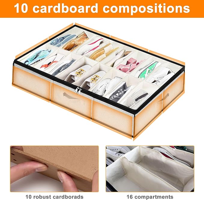 homyfort Shoe Storage Organizer Under Bed, 2 Pack Fits 32 Pairs, Extra Large Shoe Container, Breathable Fabric Underbed Storage for Sneakers, Slippers, Closet, Grey