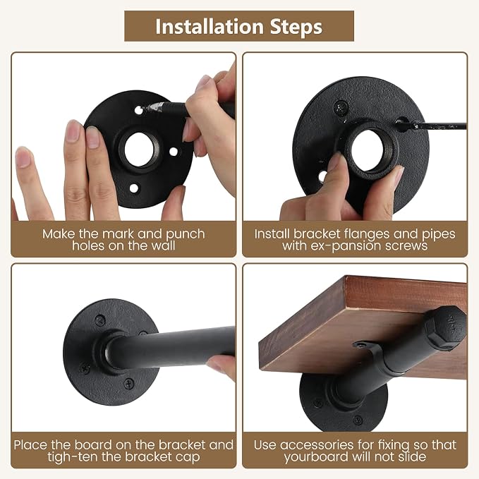 Industrial Pipe Shelf Brackets 12-Pack 16 Inch - Heavy Duty Black Iron for 12"-16" Wood - Wall Mount Floating Shelves Kit with All Hardware Included,Pipe Shelving Brackets , Black DIY Pipe Shelves