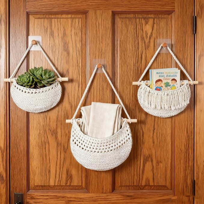 Halidali 3 Tier Hanging Fruit Baskets for Kitchen, Boho Cotton Rope Handwoven Vegetable Hammock Produce Storage Wall Mounted Large Organizing Basket for Farmhouse Decor, Onion, Potato (White)