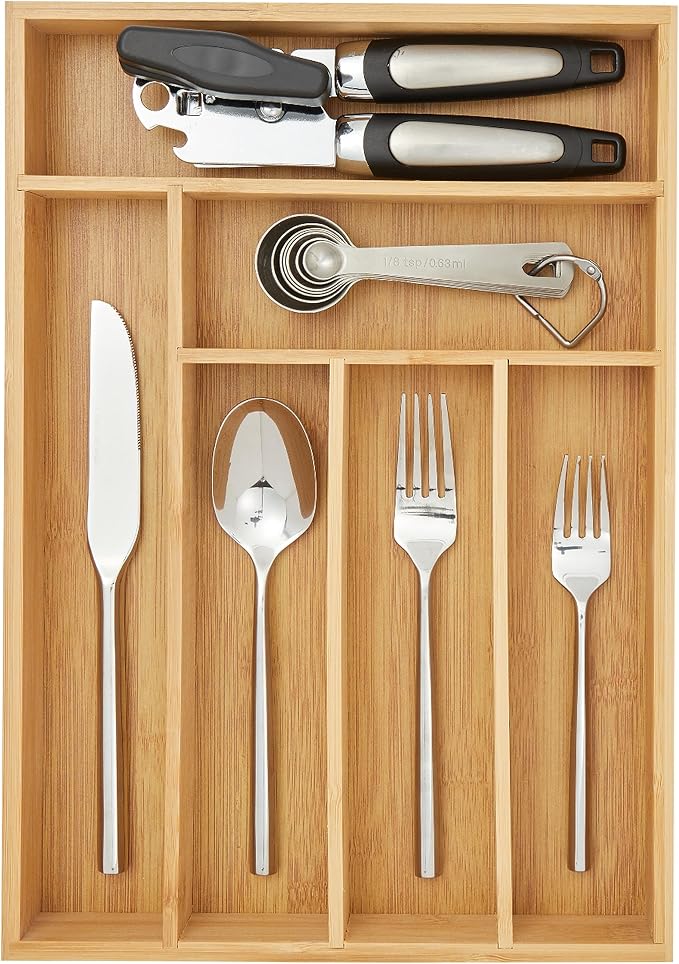 Juvale Silverware Organizer Tray - Brown Bamboo, 6-Slot, 14.5 x 10.25 x 1.75 in - Utensil Drawer Organizer & Cutlery Tray for Kitchen & Desk Use