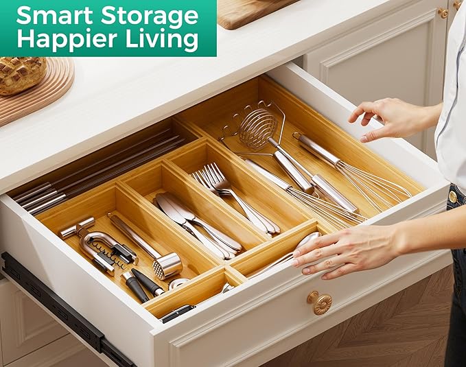 Bamboo Kitchen Drawer Organizer Boxes – 14" x 5" Stackable Wood Silverware Utensil Tray for Drawers Bins Cutlery & Flatware Storage – Wooden Pantry Organizers Set of 2 for Junk Drawer Bathroom Rv