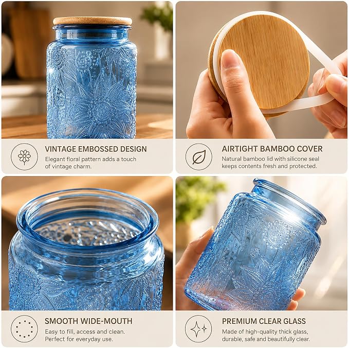 Custde Glass Storage Jars With Airtight Lid, 23.7oz Canister For Kitchen Counter with Bamboo Lid, brown sugar, candy, coffee, cookie, salt, tea,pantry cute Jar (Blue 2-Pack, 23.7 fl oz)