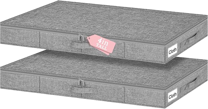 4-Inch Tall Under Bed Storage Container, Low Profile Underbed Storage Bin w/Rigid Sidewalls & Bottom, Shallow Storage Organizer with Lid for Couch, Sofa & Crib, 2-Pack, 33.5 x 16 x 4 Inch, Gray
