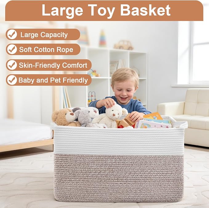 75L Extra Large Blanket Basket for Living Room - Cotton Rope Laundry Hamper Woven Baskets XXL Storage Bin with Handles for Dirty Clothes, Kids, Pets, Toys, Bedroom, 22" x 17" x 12", White & Brown