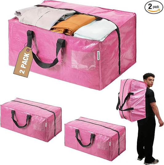 WORKPRO 2 Pack Extra Large Moving Bags with Zippers & Carrying Handles Backpack Straps, Heavy-Duty Storage Tote for Space Saving Moving Storage (Pink)