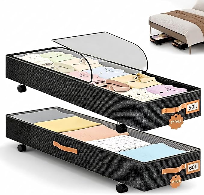 Under Bed Storage with Wheels 39inch, Extra Long Under Bed Storage Bins, Low Profile Under Bed Storage 5.5inch Height No Assemble Storage Containers, Under Bed Shoe Storage with Lids