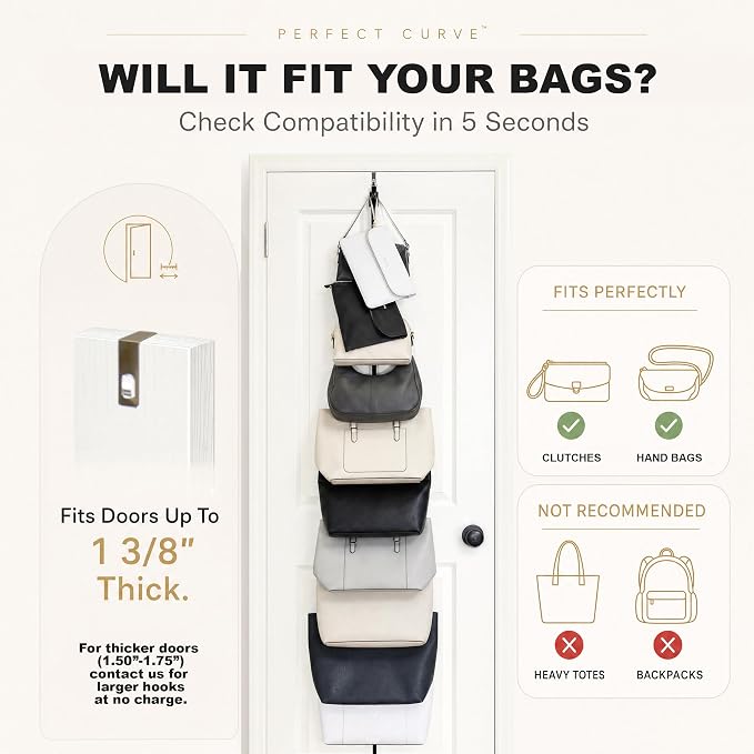 Perfect Curve Handbag and Purse Organizer | Hold up to 9 Bags | Over the Door Organizer | Adjustable Clips | 1 Strap | Black