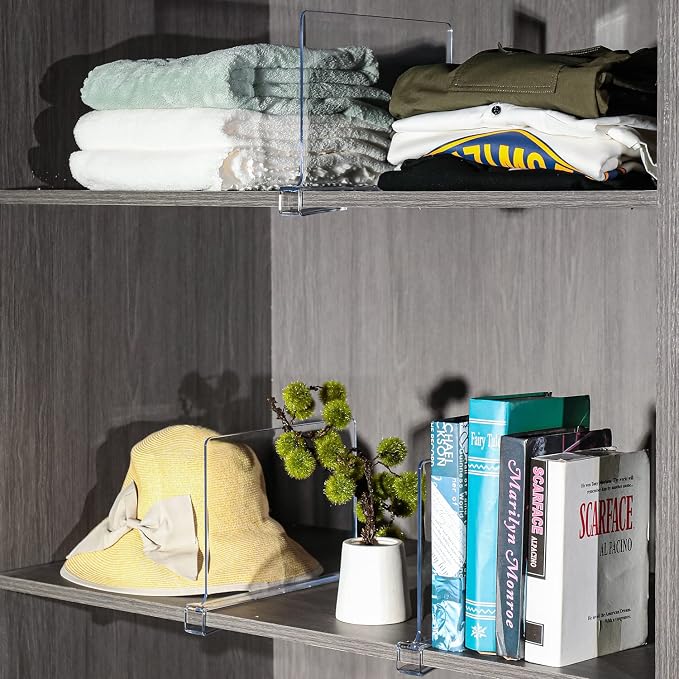 Sooyee Beautiful 8 PCS Acrylic Shelf Dividers, Perfect Perfect for Closets Kitchen Bedroom Shelving Organization to Organize Clothes Closet Shelves, Books,Towels and Hats, Purses Separators,Clear
