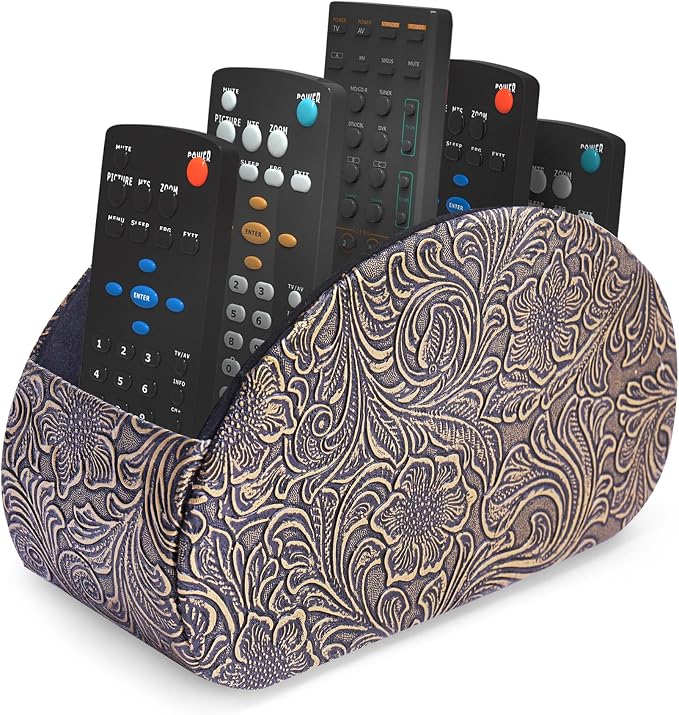 Remote Control Holder, PU Leather Remote Caddy Desktop Organizer with 5 Spacious Compartments for TV Remotes/Media Controllers/Office Supplies (1-Carved Copper Gold