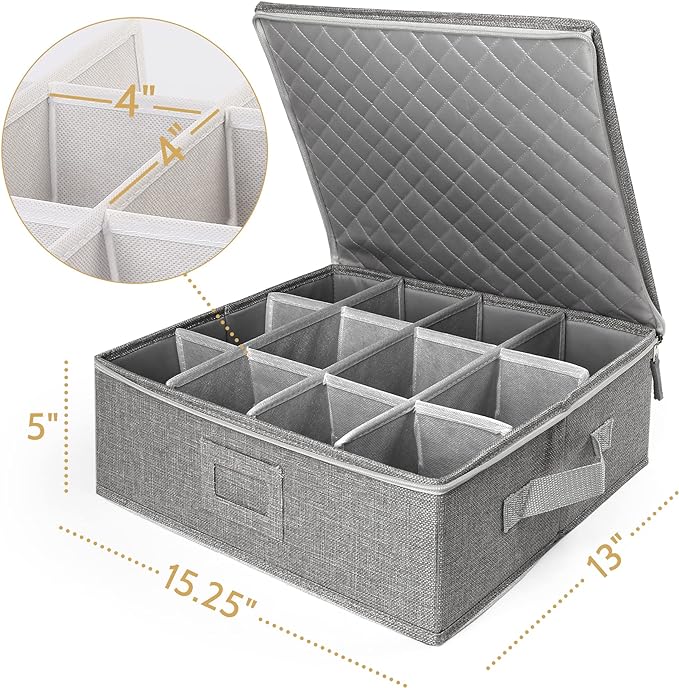 LotFancy Cup and Mug Storage Container, Hard Shell, China Coffee Mug Storage Box for Moving, with Dividers & Handles, Holds 12 Tea Cups, Grey