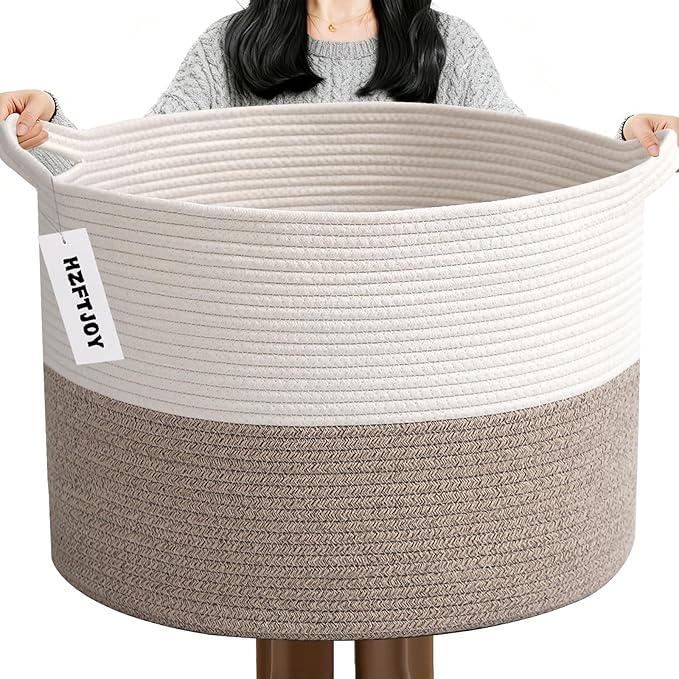 115L Extra Large Blanket Basket,Woven Rope Laundry Basket Hamper with Handles, Decorative Nursery Basket Storage Bin for Toys, Clothes Organizer, Living Room, Bedroom, Bathroom, White & Brown