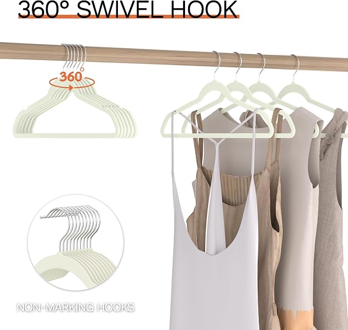 Ivory Velvet Hangers 60 Pack, Slim Space Saving Suit Hangers for Closet Organizer, Rotating Silver Hook, Non Slip Clothes Felt Hanger Heavy Duty for Coat,Shirt, Pants, Camisole, Dress