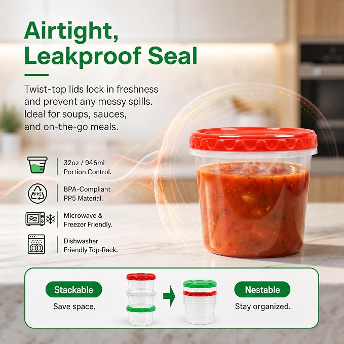 EONJOE 32oz Plastic Freezer Food Leftovers Containers with Lids, 12pcs | Reusable ,Airtight & BPA-free for fresh food. Dishwasher/freezer safe, perfect for daily meal prep, portion control