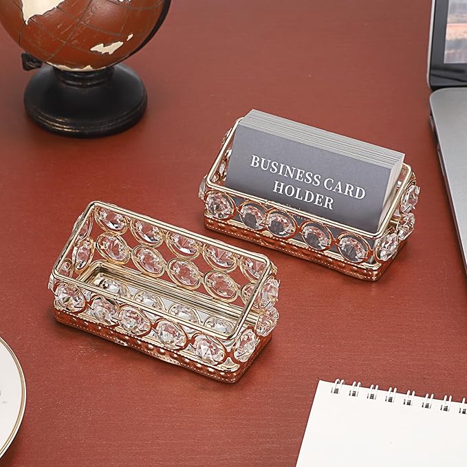 Hipiwe 2 Packs Crystal Business Card Holder with Gold Metal for Office Desk | Bling Business Card Display Stand for Women, Name Cards Storage Organizer with Mirror Base