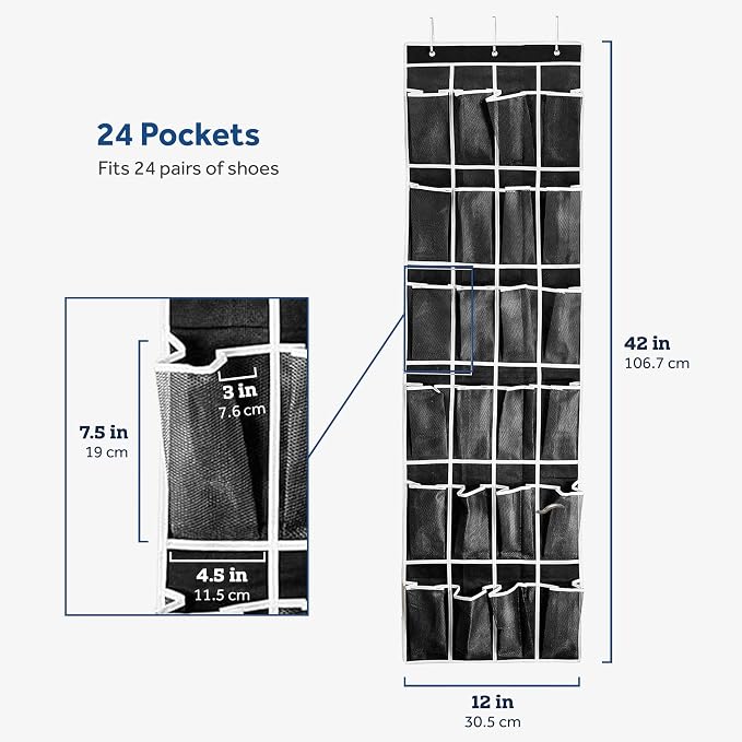 ZOBER Over the Door Shoe Organizer, 24 Pockets - Hanging Shoe Rack W/ Mesh Pockets to Store Shoes, Towels, Snacks, Toys - Closet, Pantry Storage