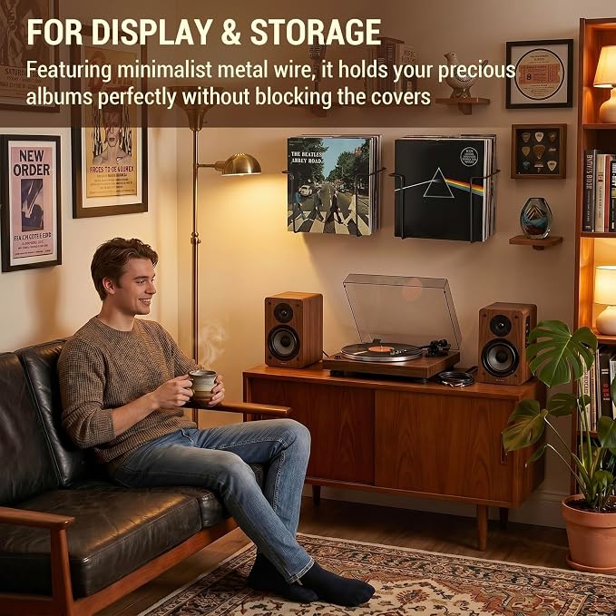 MyGift 2-Pack Vinyl Wall Mount Holder - Floating Record Shelf for Vinyl Display, Black Metal Record Wall Display Shelves