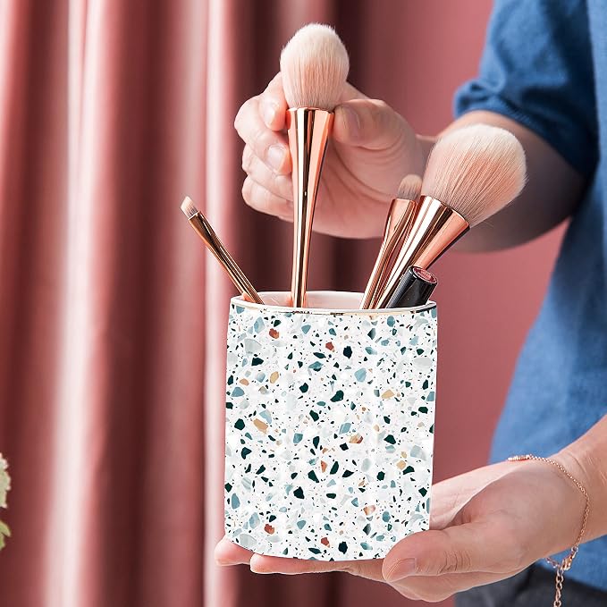 Pen Holder, Makeup Brush Holder Ceramic Shiny Gold Terrazzo Marble Stone Pattern Pencil Cup for Girls Kids Women Durable Stand Desk Organizer Storage Gift for Office, Classroom, Home Light Blue